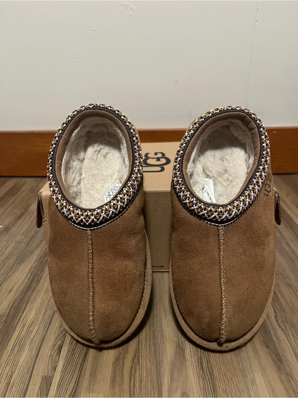 UGG Toddler Chestnut Brown Suede Slip-On Clog with Shearling Trim
